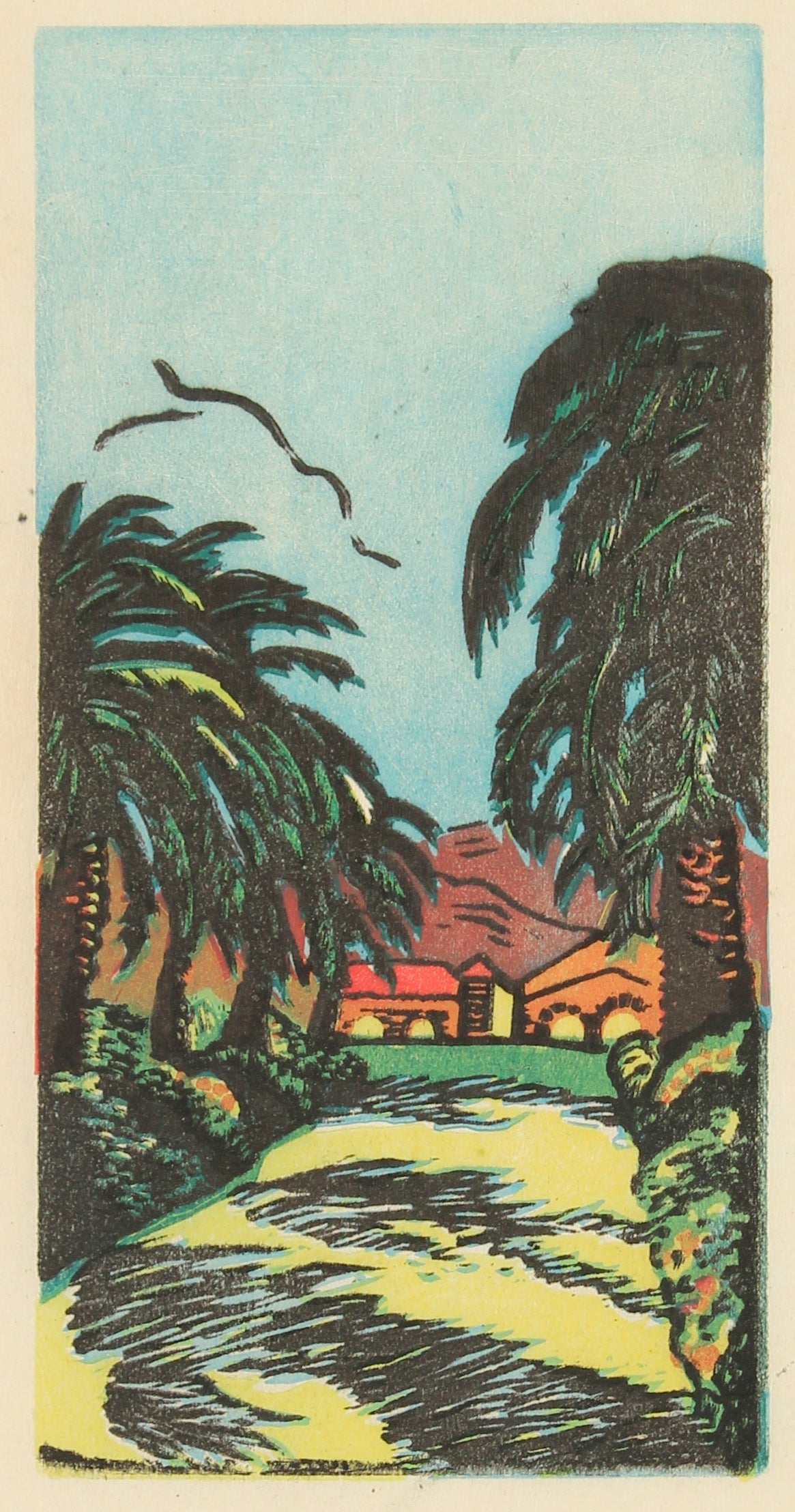 Palo Alto Train Station <br>1940s Linoleum Block Print <br><br>#68226