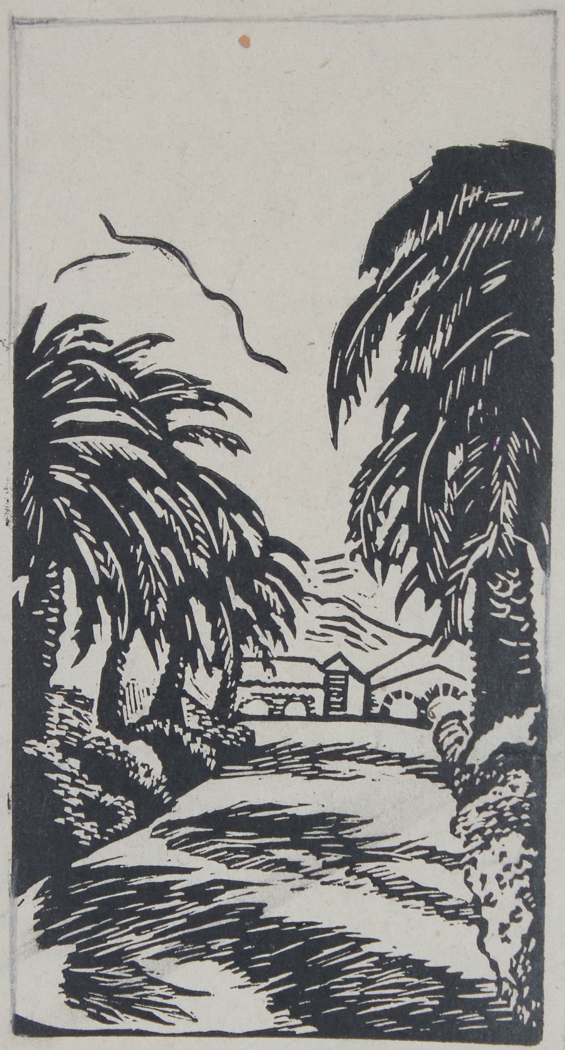Vintage Palo Alto, CA Scene <br>1940s Linoleum Block Print <br><br>#68240