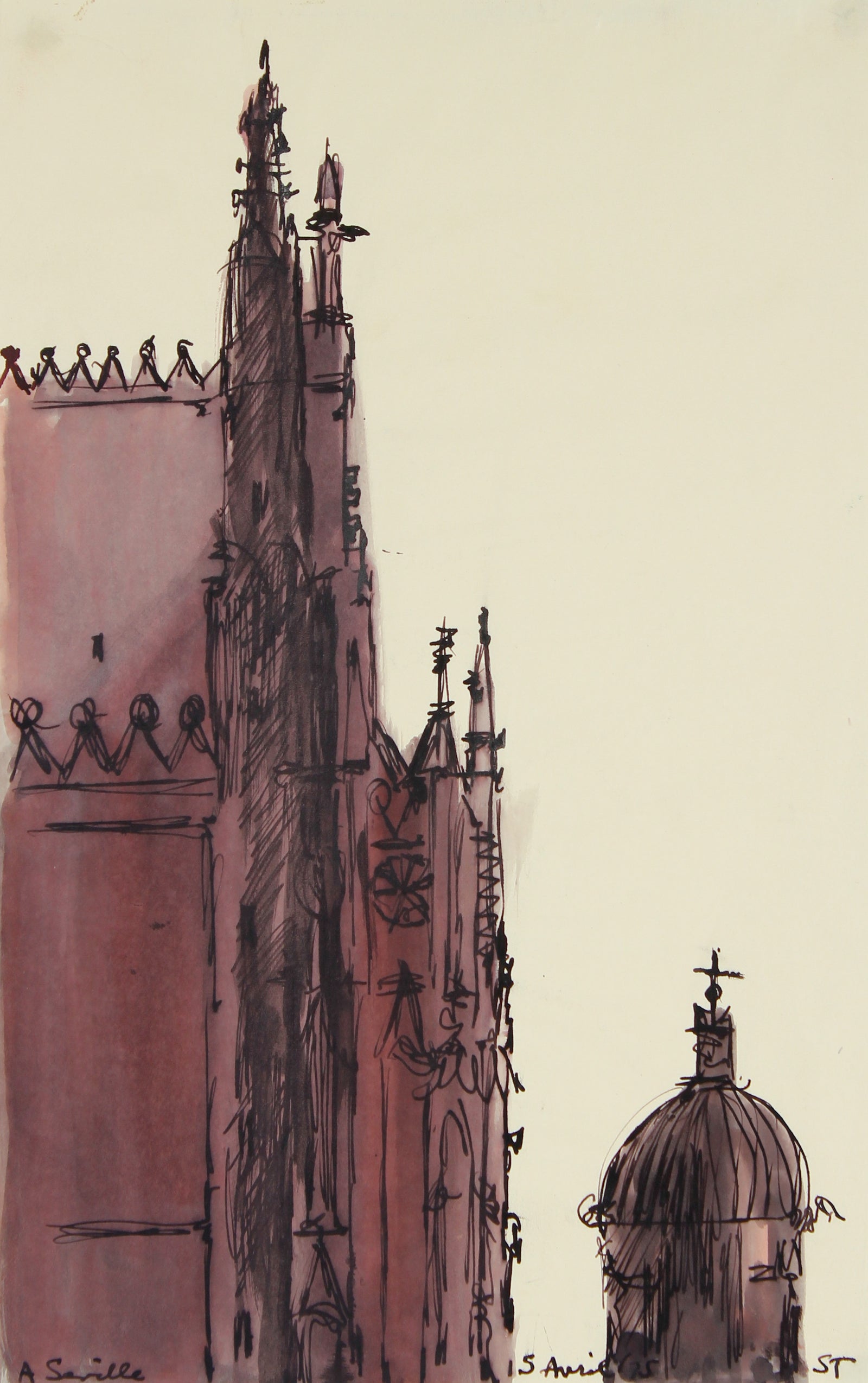 <i>Cathedral - Seville</i> <br>1975 Ink Wash on Paper <br><br>#68989