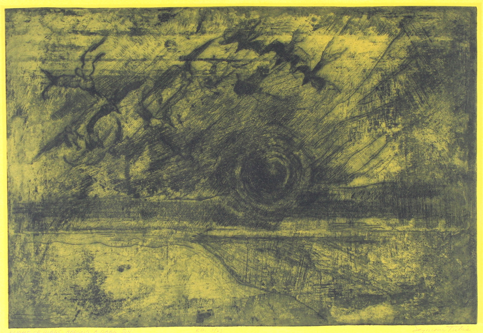 <i>Flight of Birds Around a Dark Sun</i> <br>Mid Century Drypoint Etching <br><br>#69932