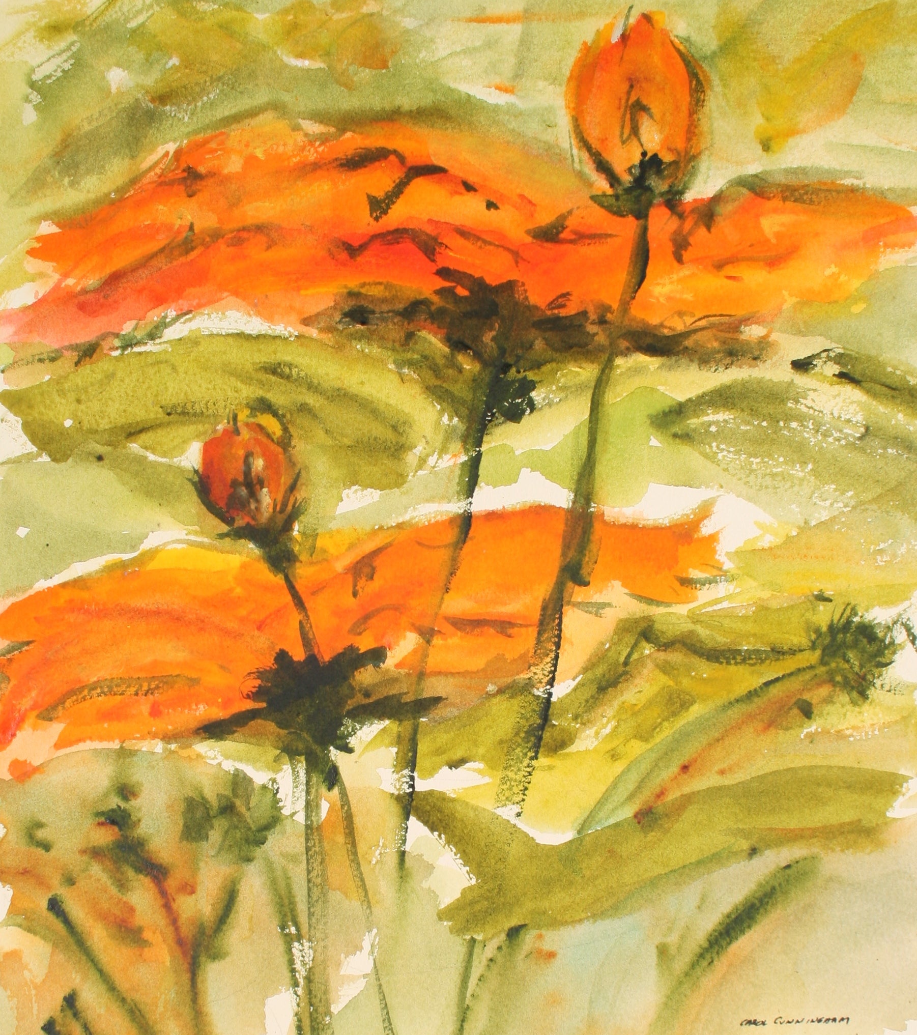 Fiery Flowers<br>1960-70s Watercolor<br><br>#71342