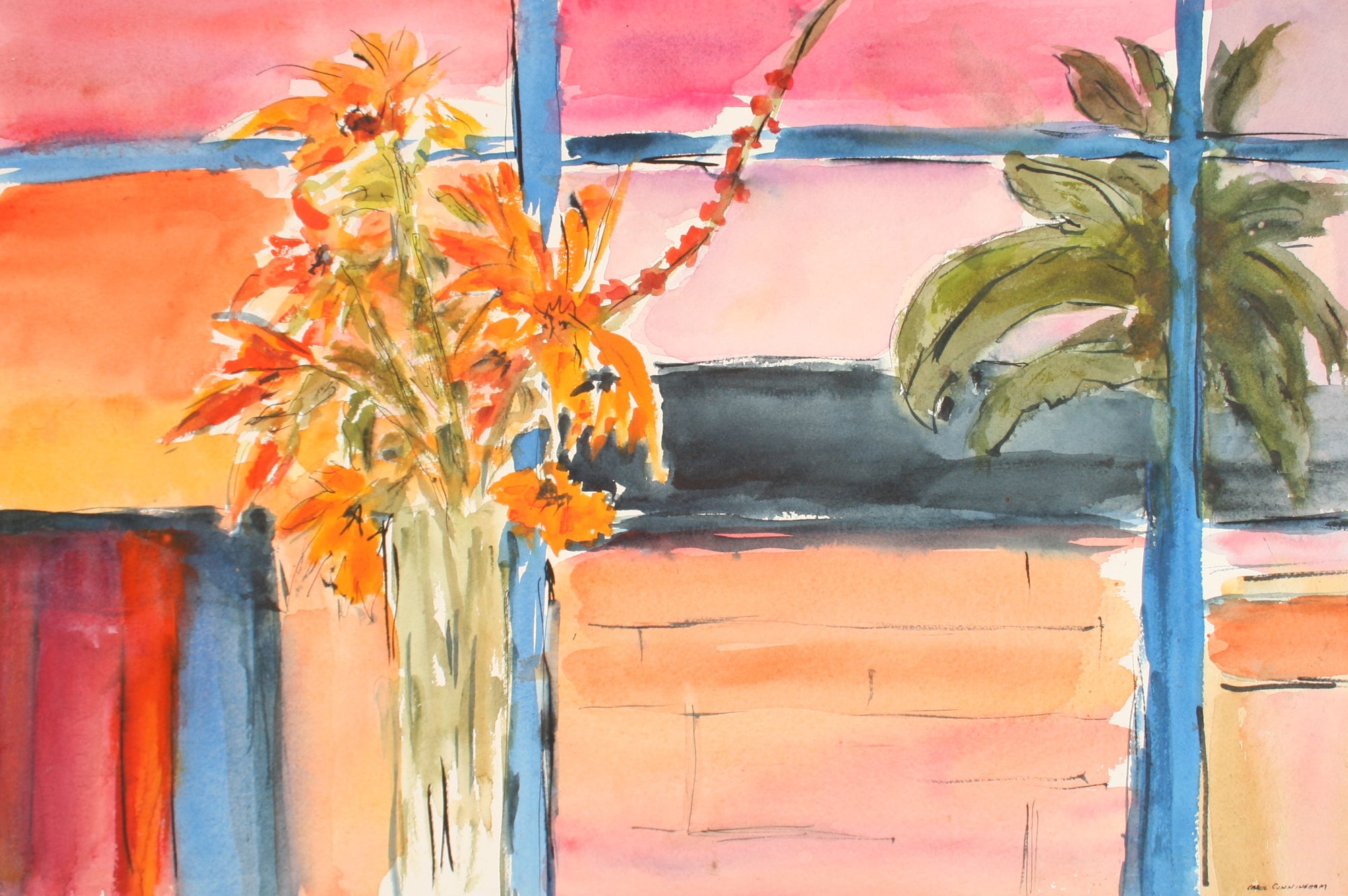 Pink Sky & Orange Flowers<br>1960-70s Watercolor<br><br>#71344