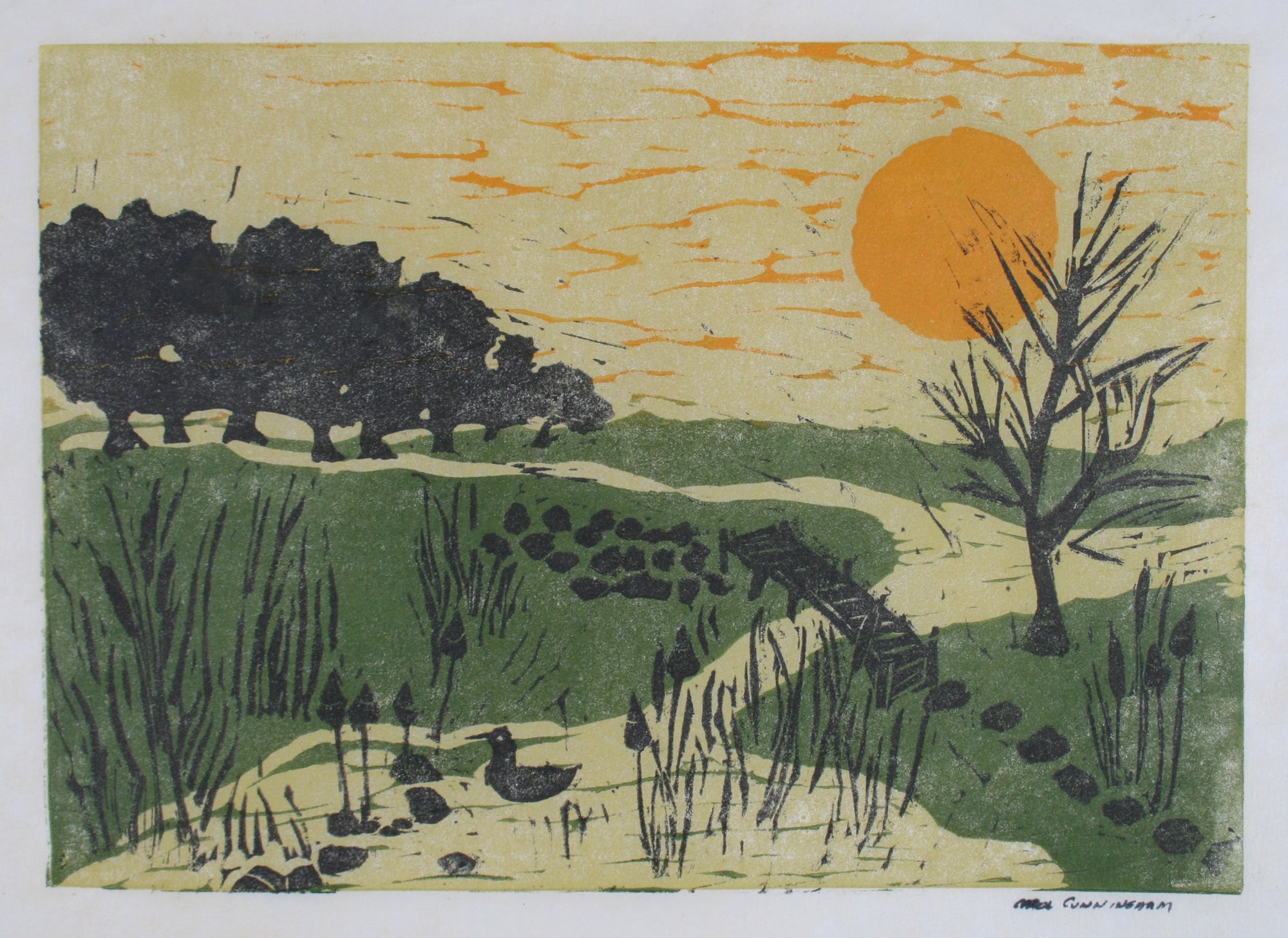 Park Scene With Ducks<br>1960-70s Linoleum Block Print<br><br>#71351