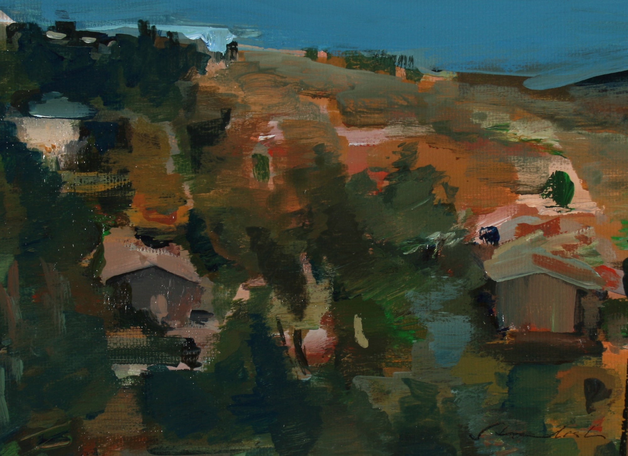 Abstracted Los Angeles Hillside <br>Late 20th Century Oil on Paper <br><br>#71446