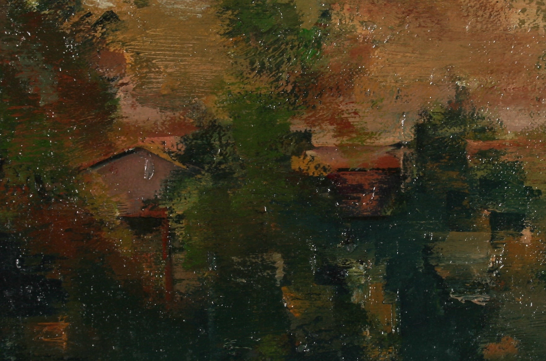 Warm Residential Streetview <br>Late 20th Century Oil on Paper <br><br>#71452