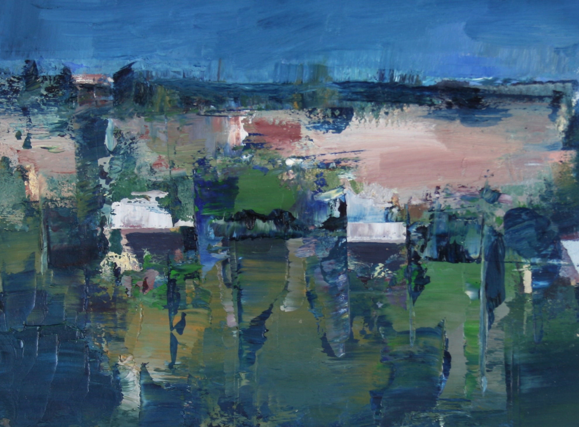 Abstracted Beachside Homes <br>Late 20th Century Oil on Paper <br><br>#71470