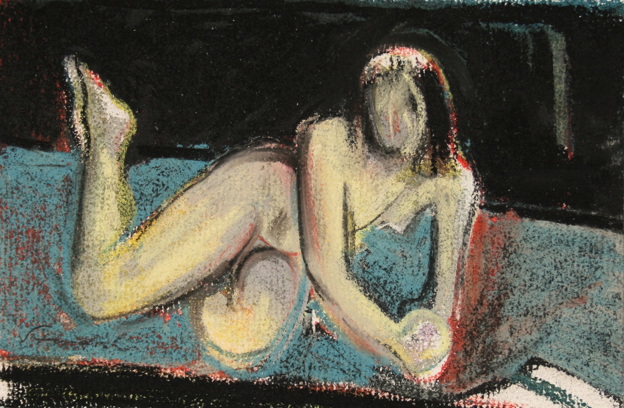 Woman Reclining on a Pillow <br>Late 20th Century Pastel<br><br>#71476
