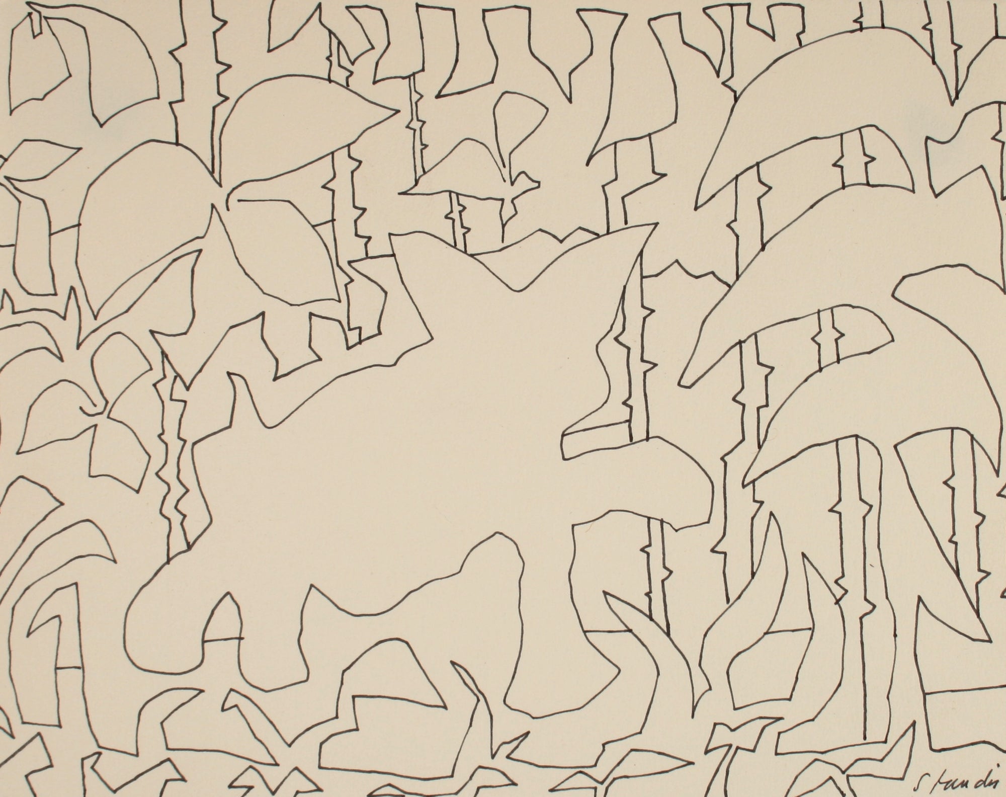 Bold Foliage Abstracted Outlines <br>Late 20th Century Ink<br><br>#71488