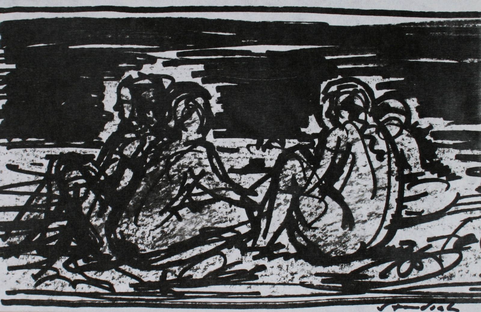 Dark Seated Figures <br>Late 20th Century Ink <br><br>#71499
