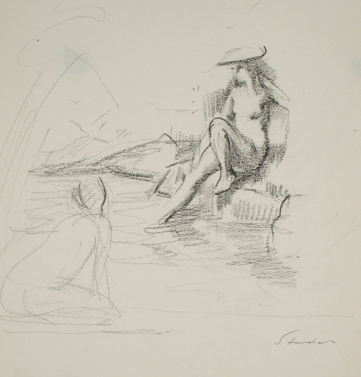 Women Reclined near the Water &lt;br&gt;Late 20th Century Graphite &lt;br&gt;&lt;br&gt;#71503