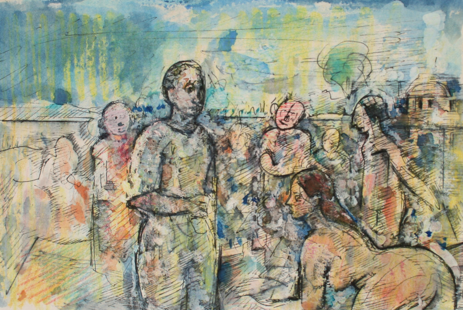 Abstracted Figurative Scene <br>Late 20th Watercolor & Ink <br><br>#71517