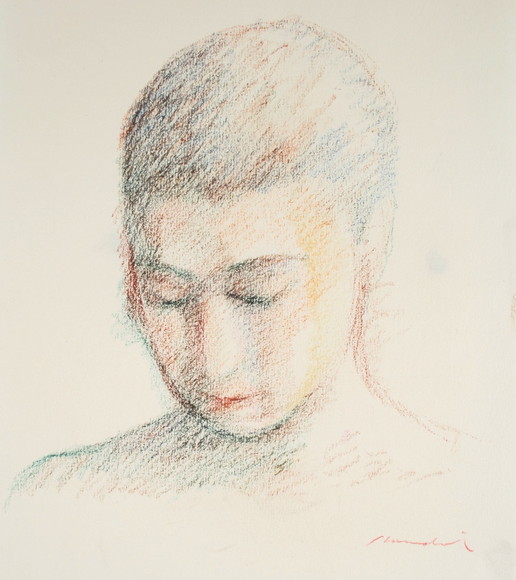Woman Looking Downwards <br>Late 20th Century Oil Pastel<br><br>#71543