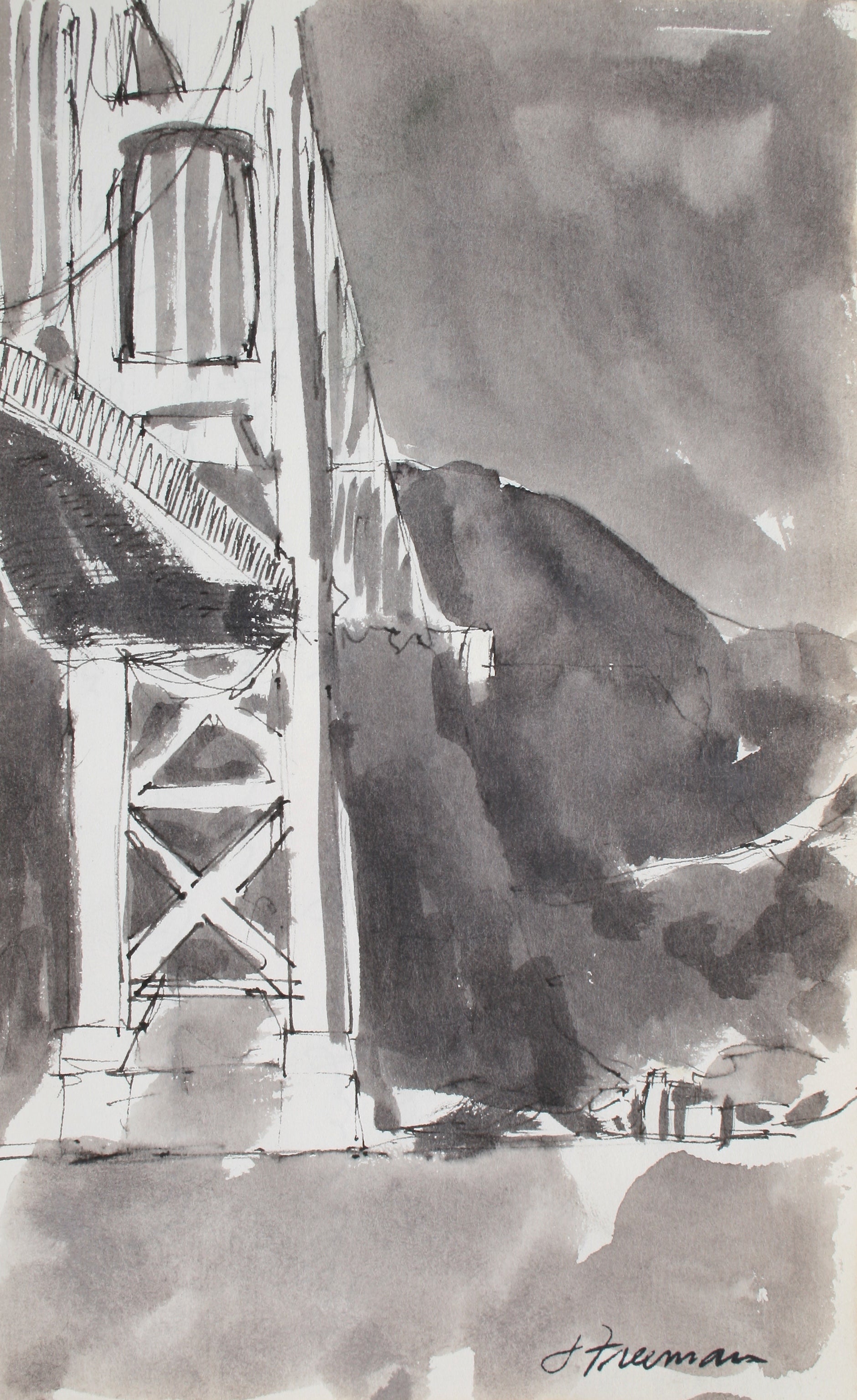 Modernist View of the Golden Gate Bridge<br>1976 Ink Wash<br><br>#71925