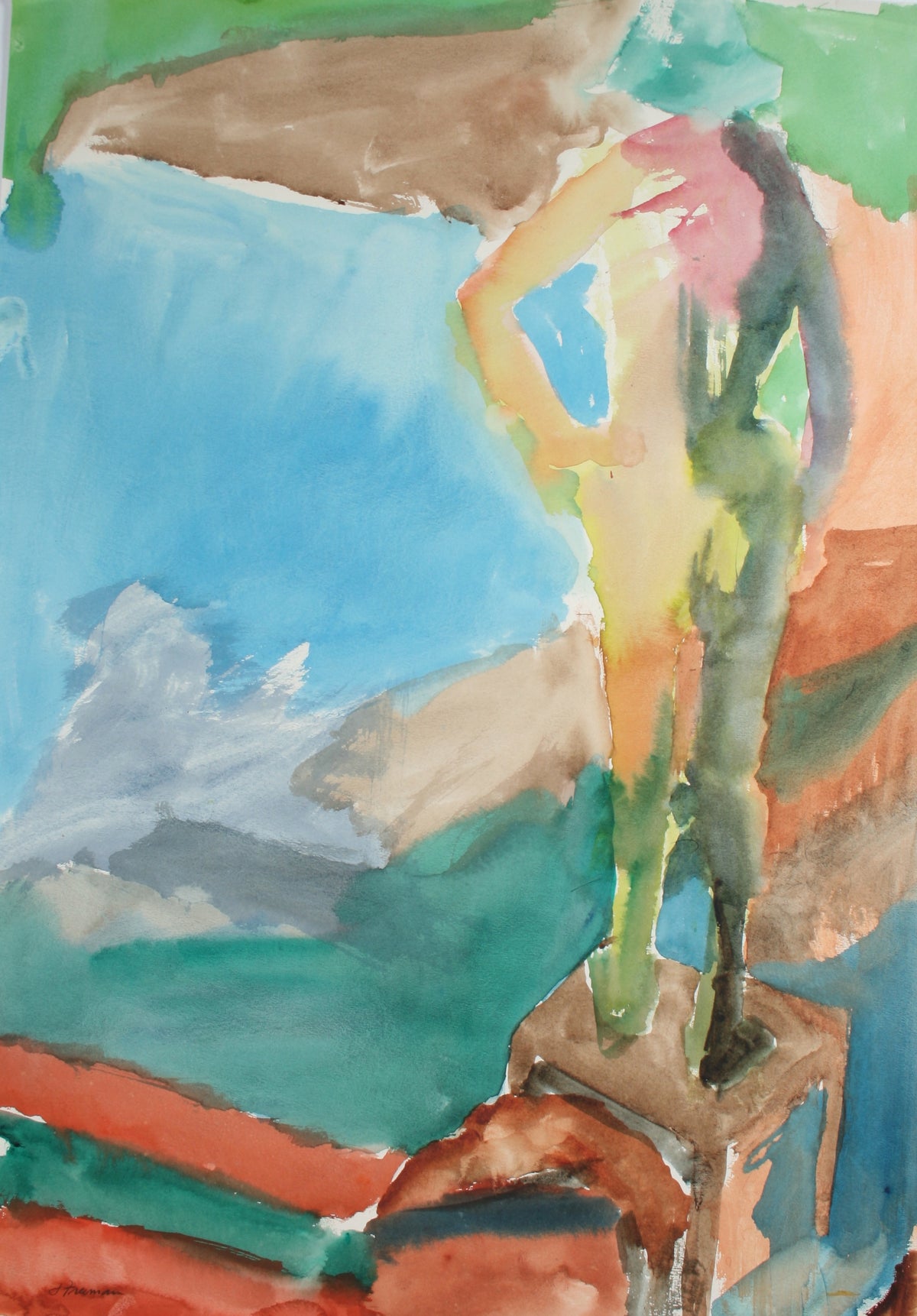 Colorful Standing Nude Figure &lt;br&gt;20th Century Watercolor &lt;br&gt;&lt;br&gt;#71942