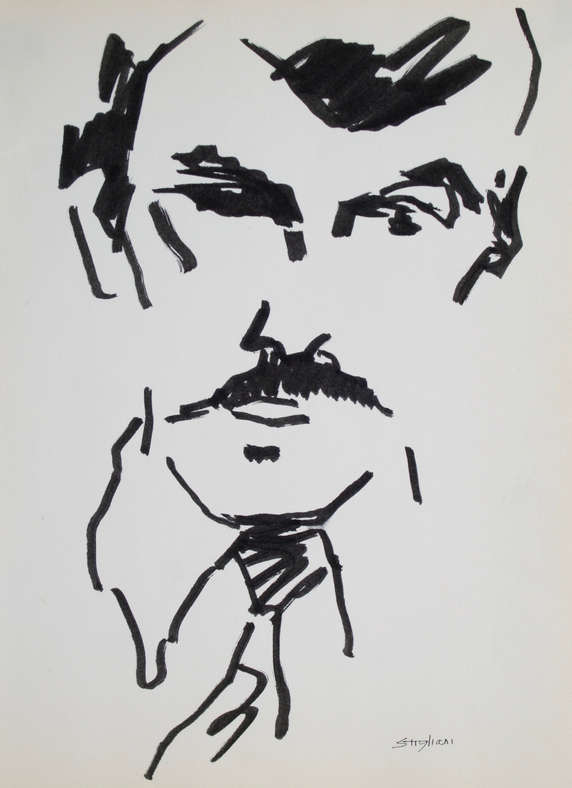 Man with Mustache Drawing <br> Mid 20th Century Ink<br><br>#71992