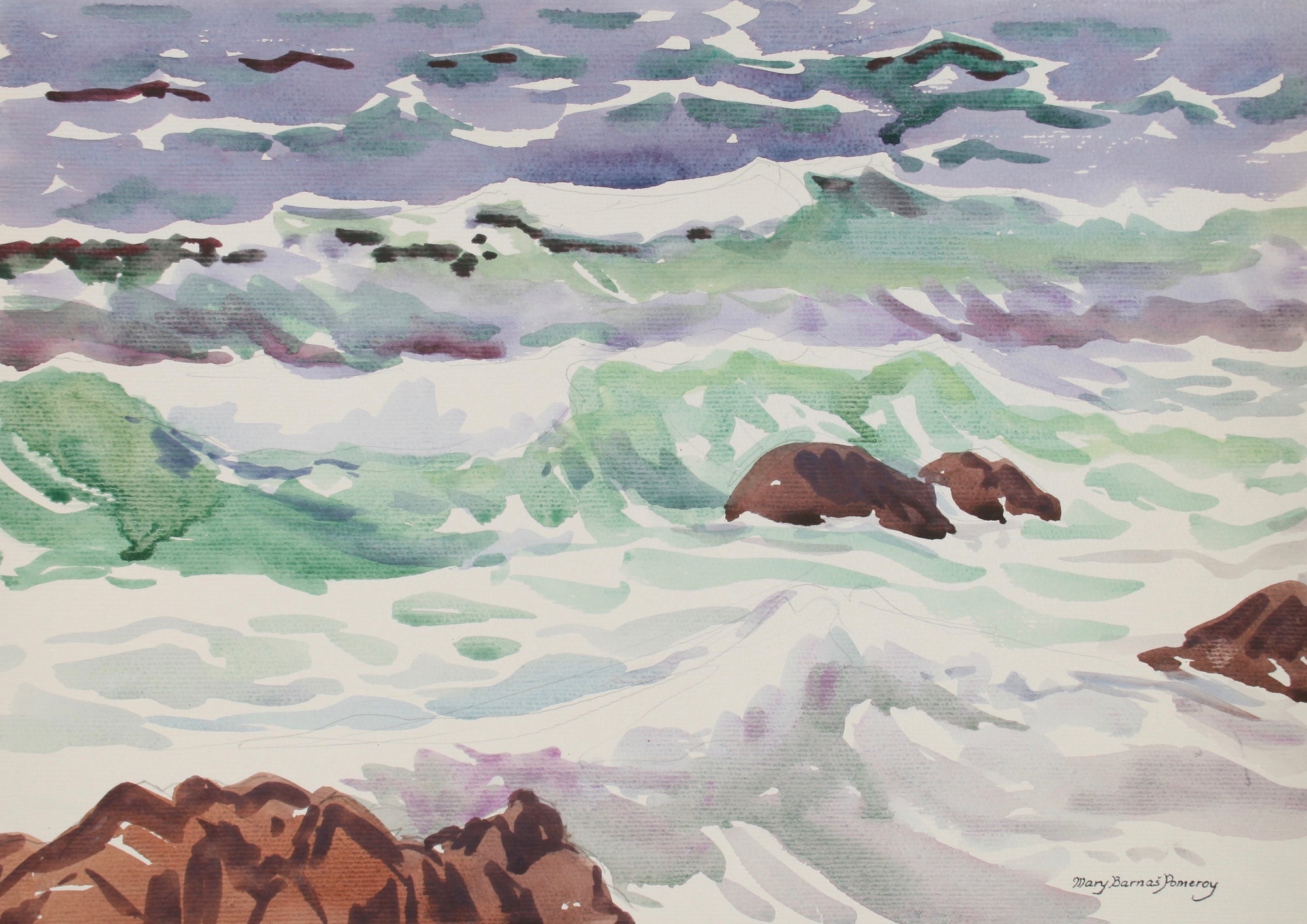 Coastal Watercolor Waves & Rocks <br>Mid-Late 20th Century <br><br>#72051