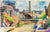 Vivid City Scene with Streetcar<br>Mid Century Watercolor<br><br>#82254