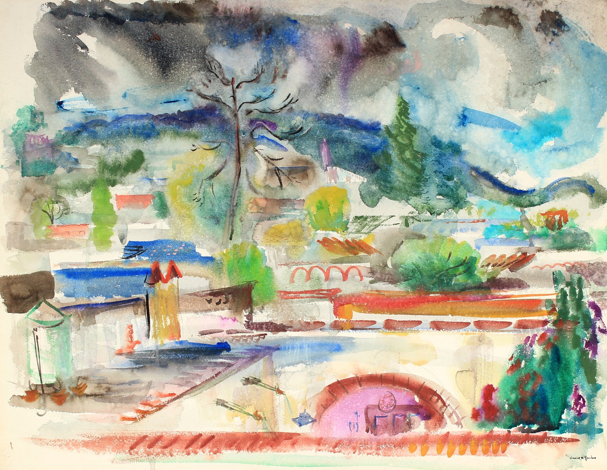 Vibrant Abstracted City Scene<br>Mid Century Watercolor<br><br>#82260