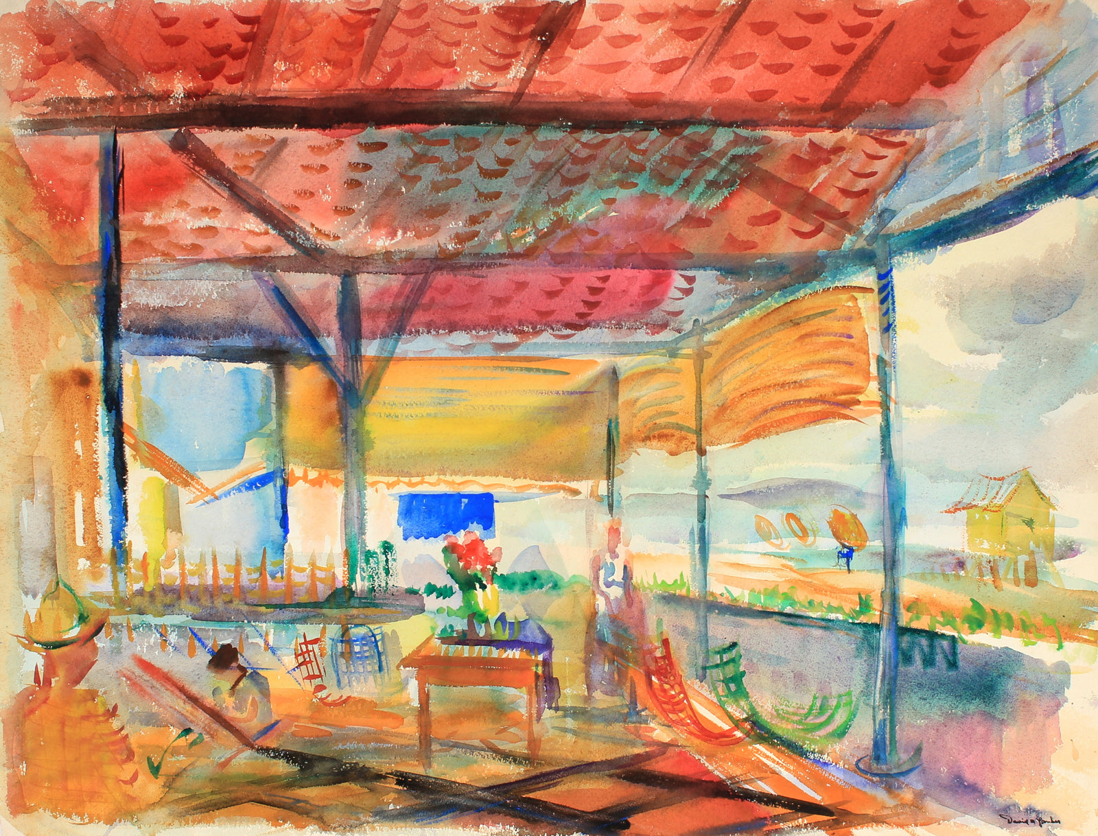 Colorful Abstracted Porch Scene<br>Watercolor, Mid Century<br><br>#82264