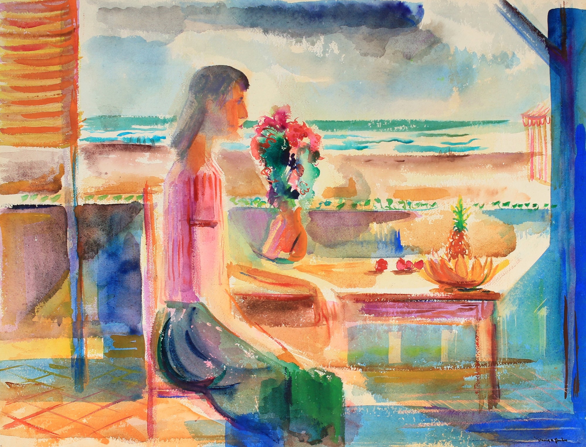 Woman on the Veranda<br>Mid Century Watercolor<br><br>#82265