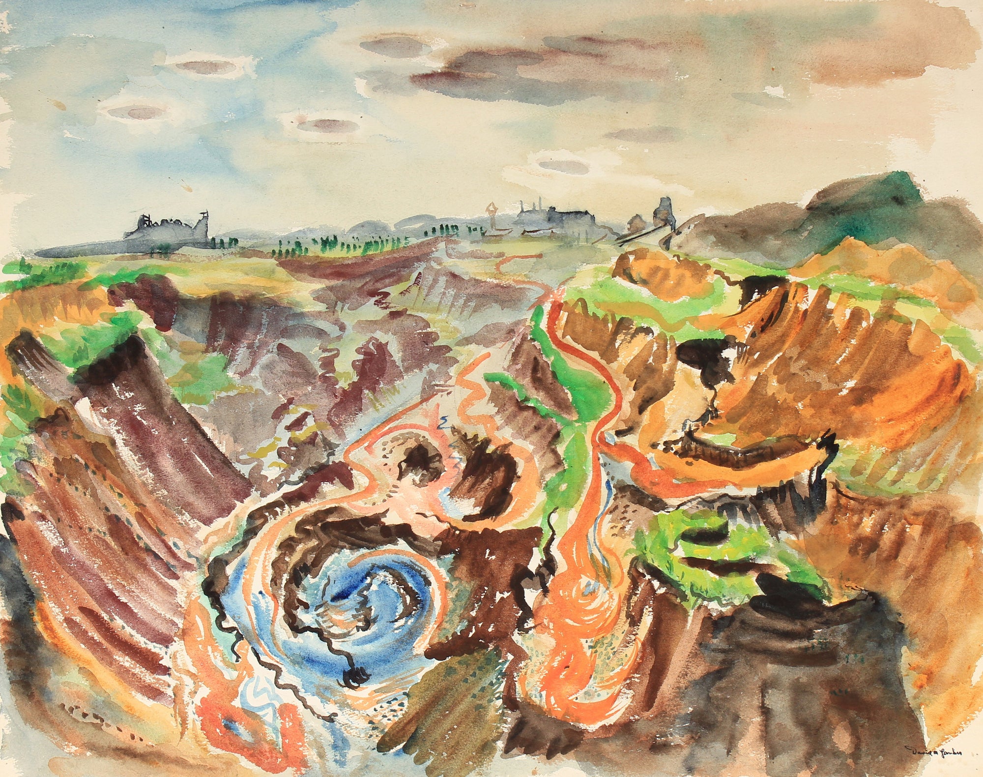 Abstracted Watercolor Canyon Scene<br>Mid Century<br><br>#82267