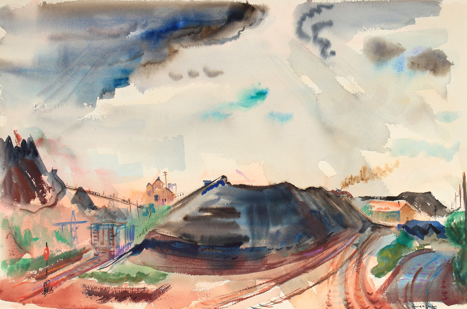 Train Tracks by the Hillside<br>Mid Century Watercolor<br><br>#82274