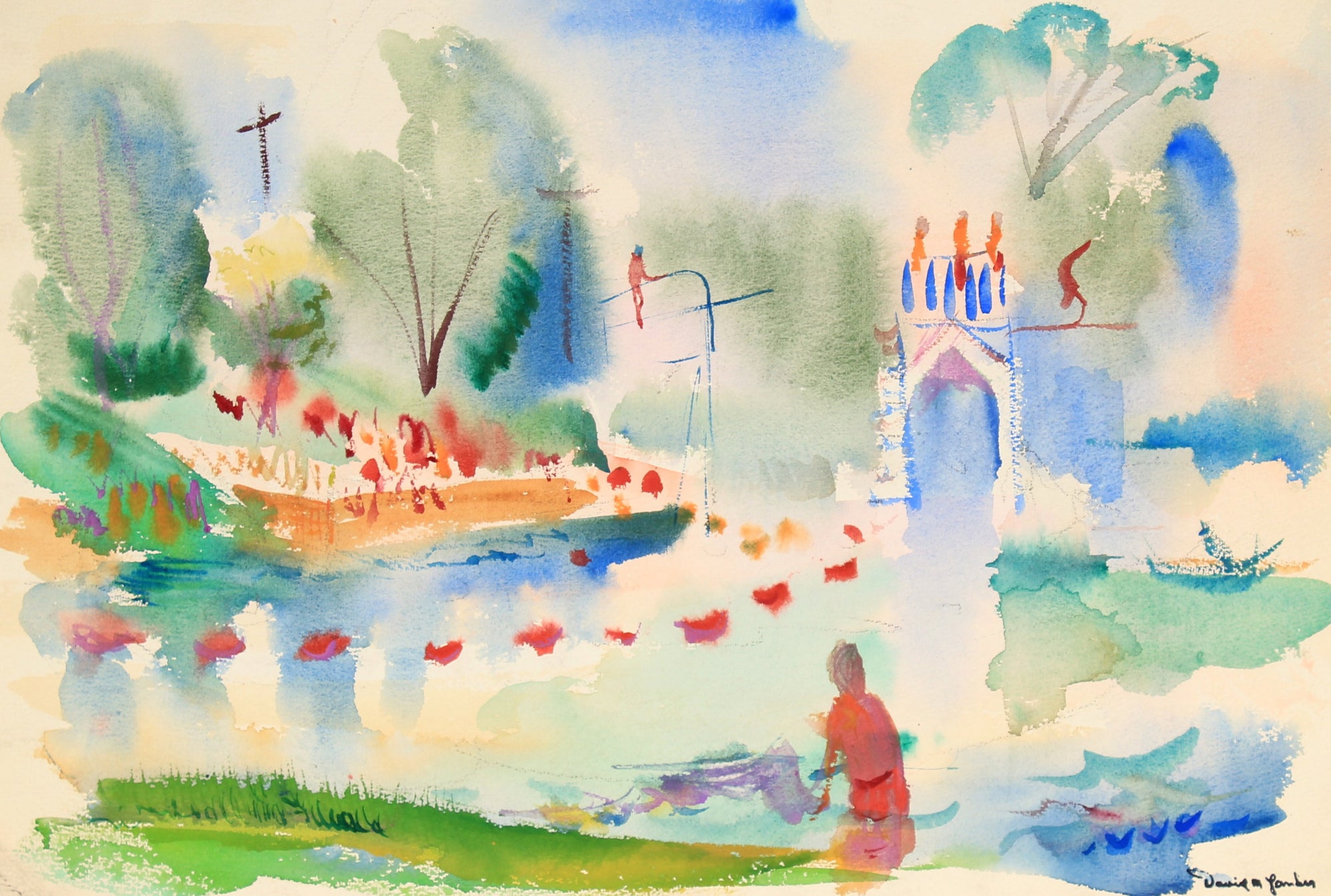 Dreamy Abstracted Park Scene<br>Watercolor, Mid Century<br><br>#82279