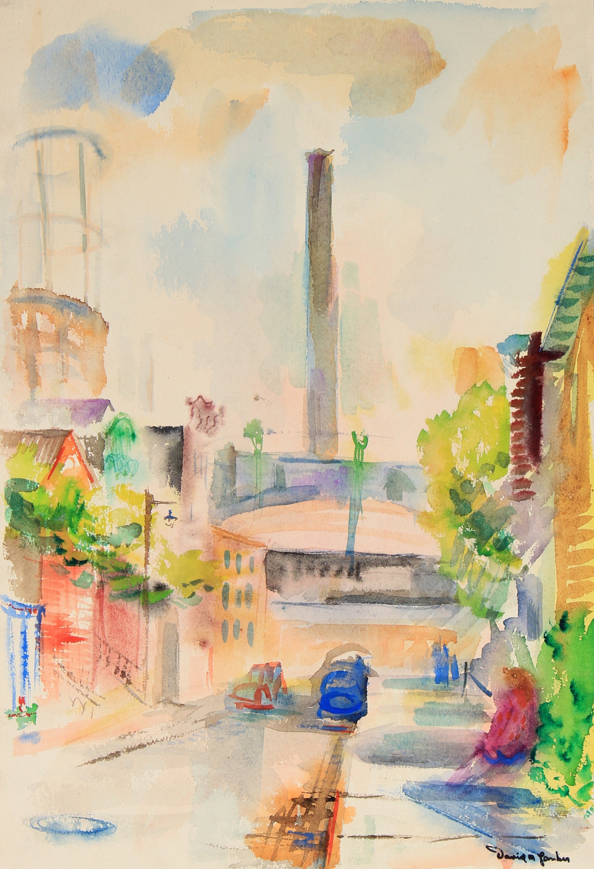 Vibrant Abstracted City Scene<br>Mid Century Watercolor<br><br>#82280