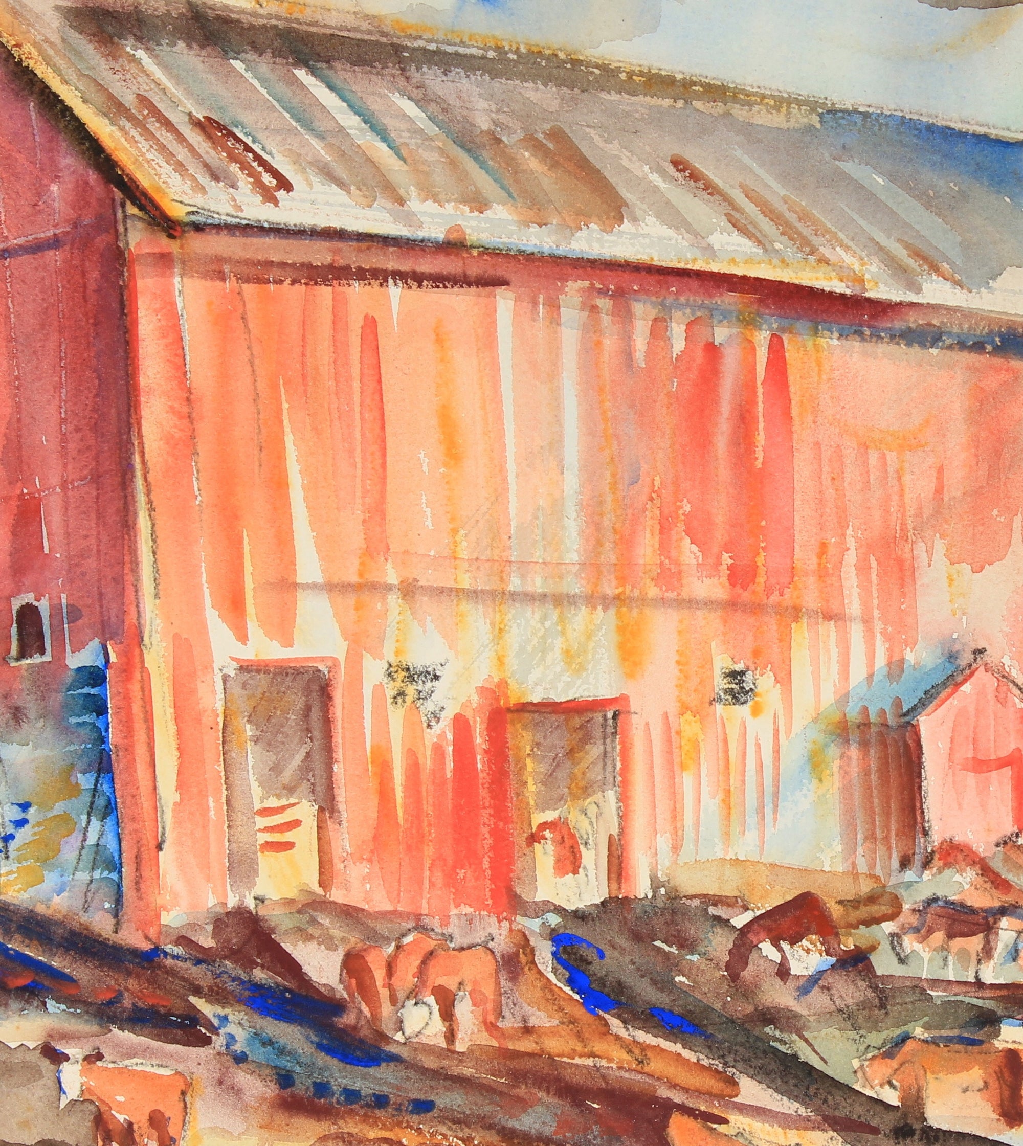 Mid Century Cows & Red Barn<br>Watercolor & Ink on Paper<br><br>#82285