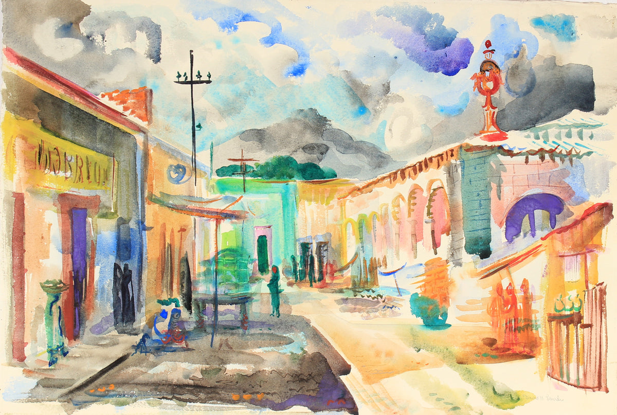 Bright Watercolor City Scene&lt;br&gt;Mid Century&lt;br&gt;&lt;br&gt;#82296