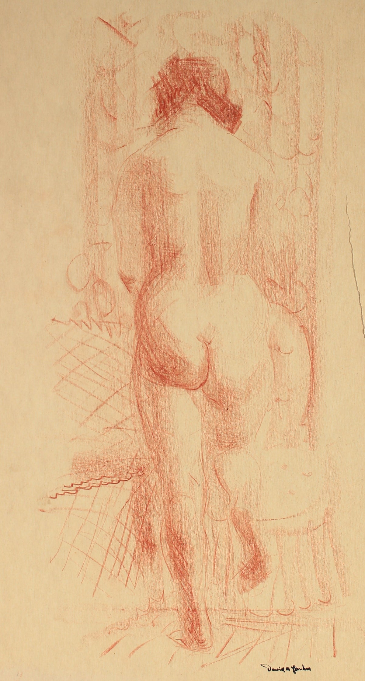 Mid Century Contemplative Nude&lt;br&gt;Conte Crayon on Paper&lt;br&gt;&lt;br&gt;#82312