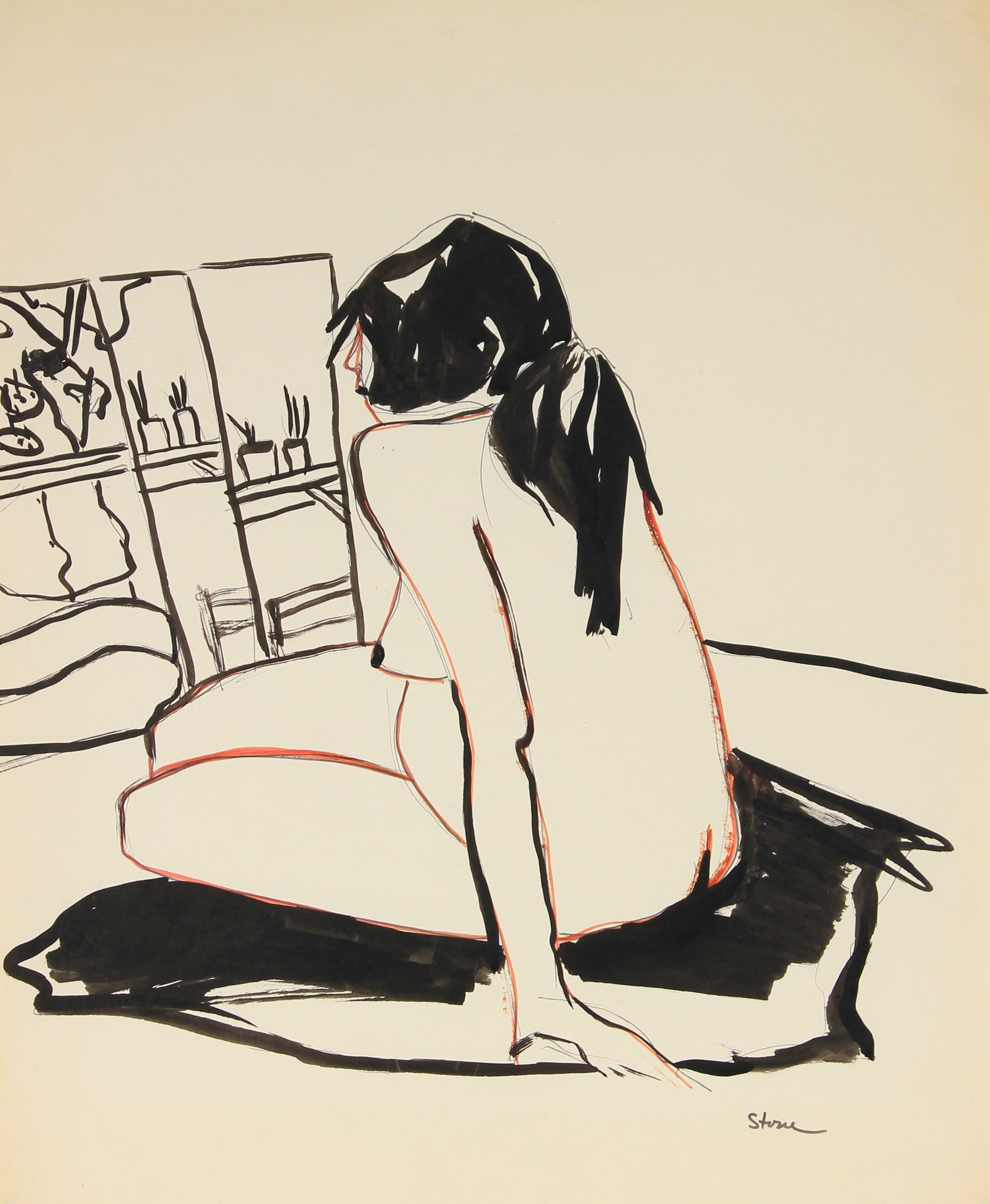 Relaxed Sitting Nude<br>Late 20th Century Ink<br><br>#82524