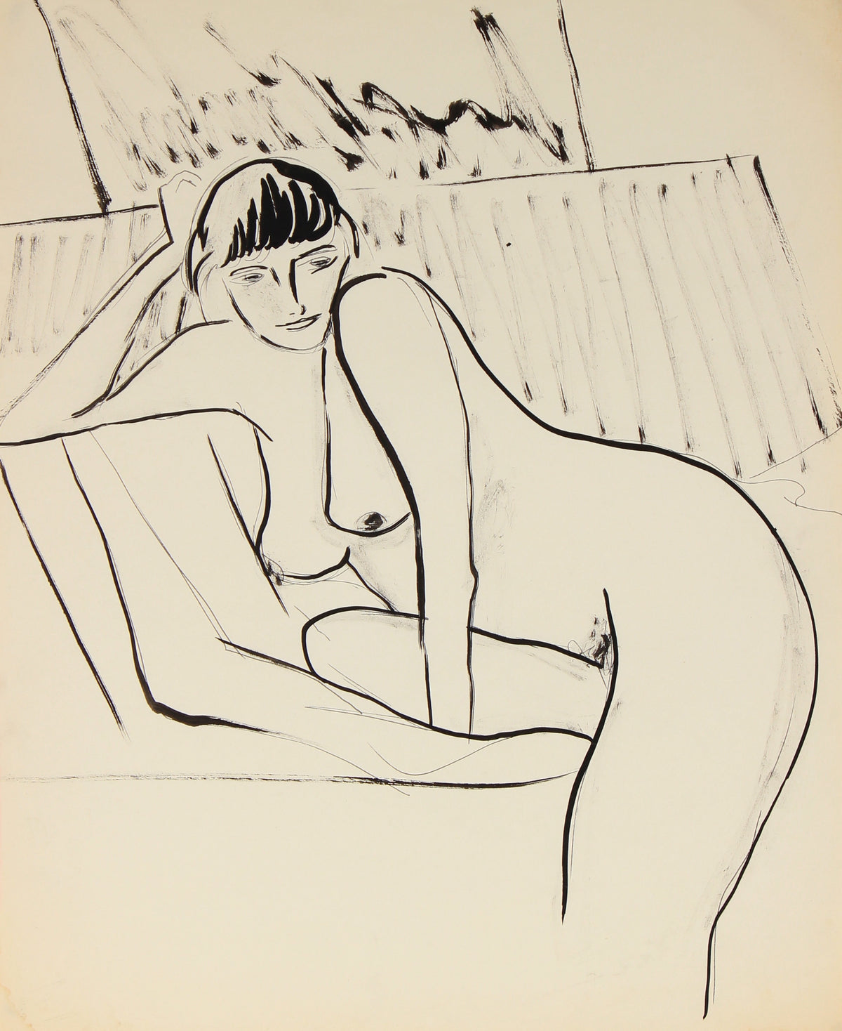 Coy Female Nude&lt;br&gt;Ink on Paper, Late 20th Century&lt;br&gt;&lt;br&gt;#82526