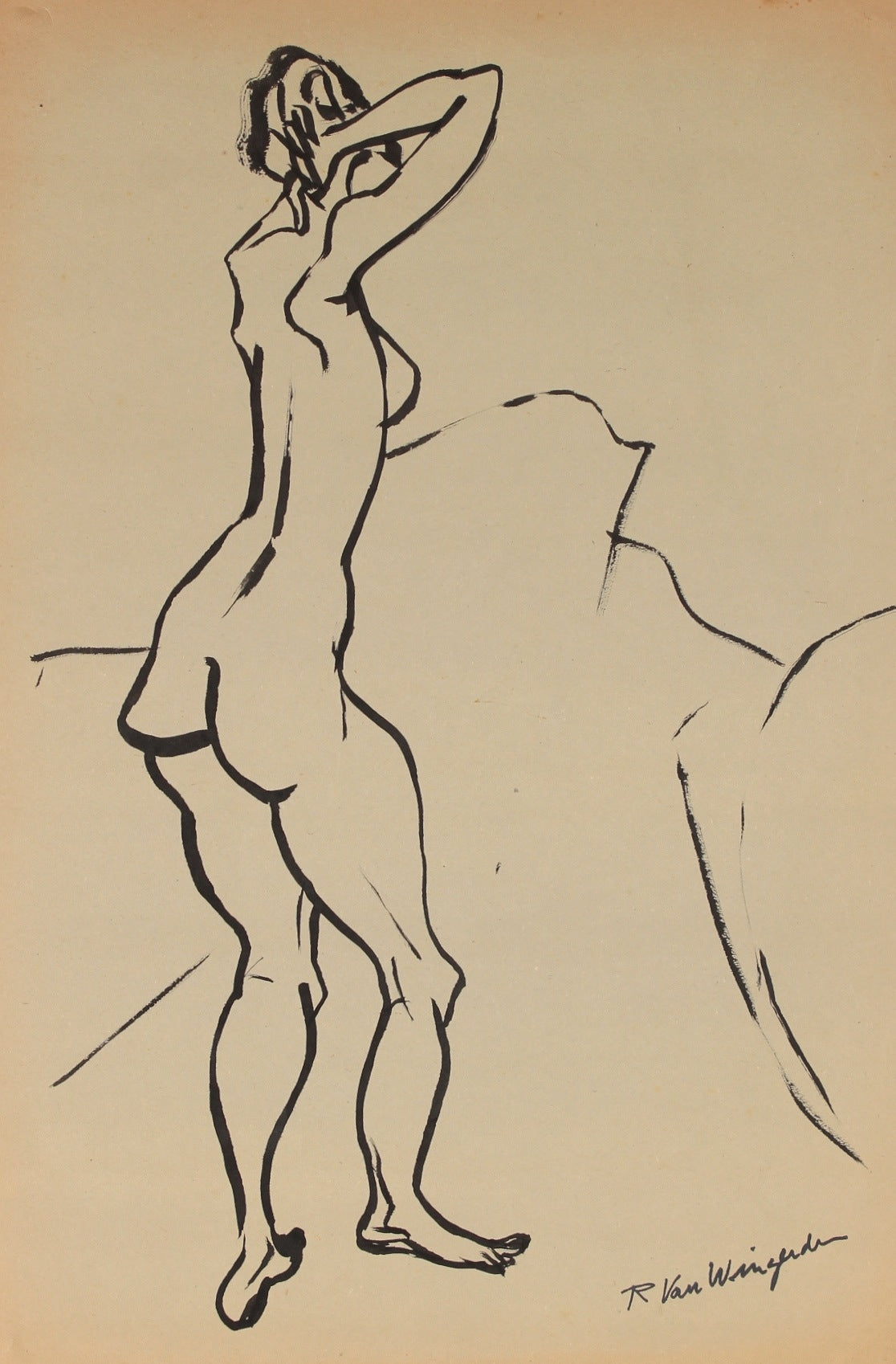 Expressive Standing Nude, 1940-60s Ink , #4463