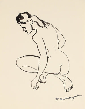 Kneeling Expressionist Nude<br>1940-60s Ink<br><br>#4551