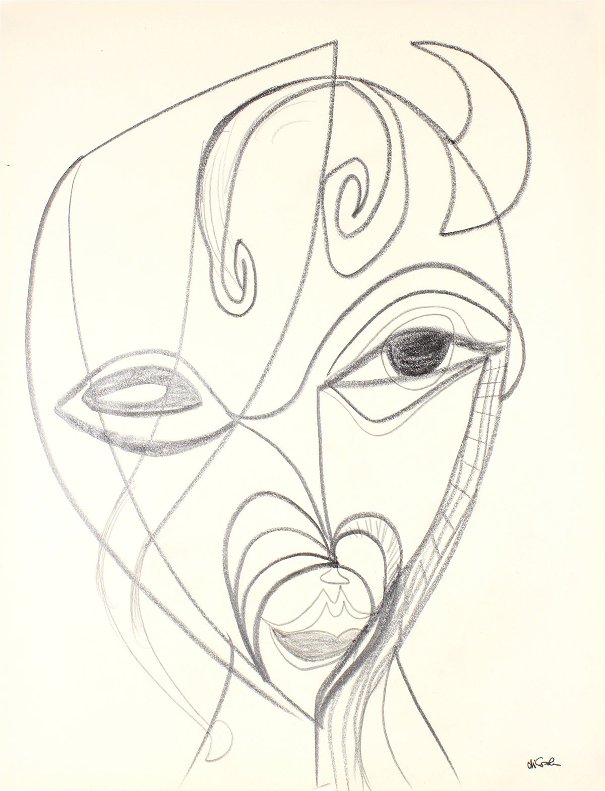 Surreal Abstracted Face&lt;br&gt;Late 20th Century Graphite&lt;br&gt;&lt;br&gt;#83400