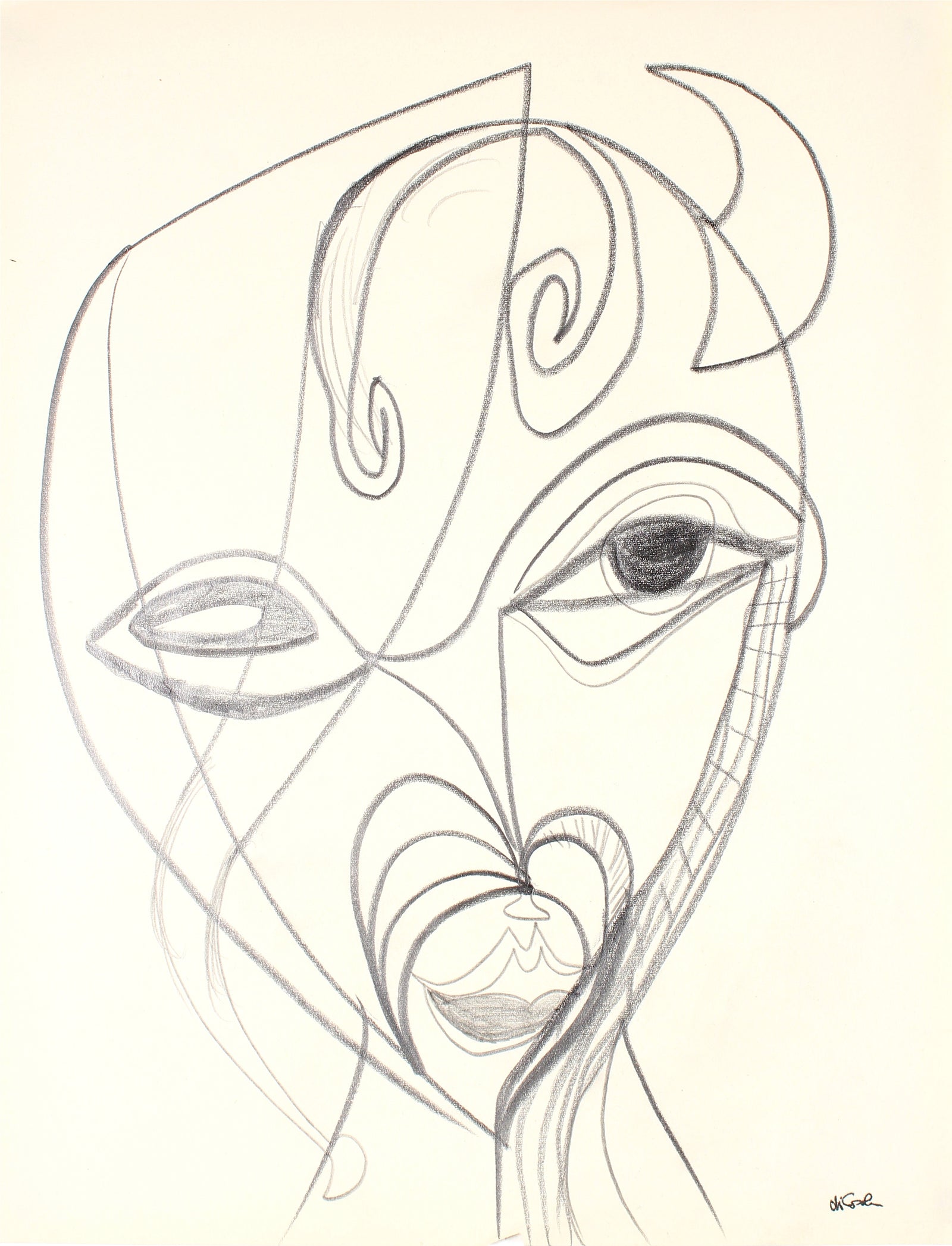 Surreal Abstracted Face<br>Late 20th Century Graphite<br><br>#83400