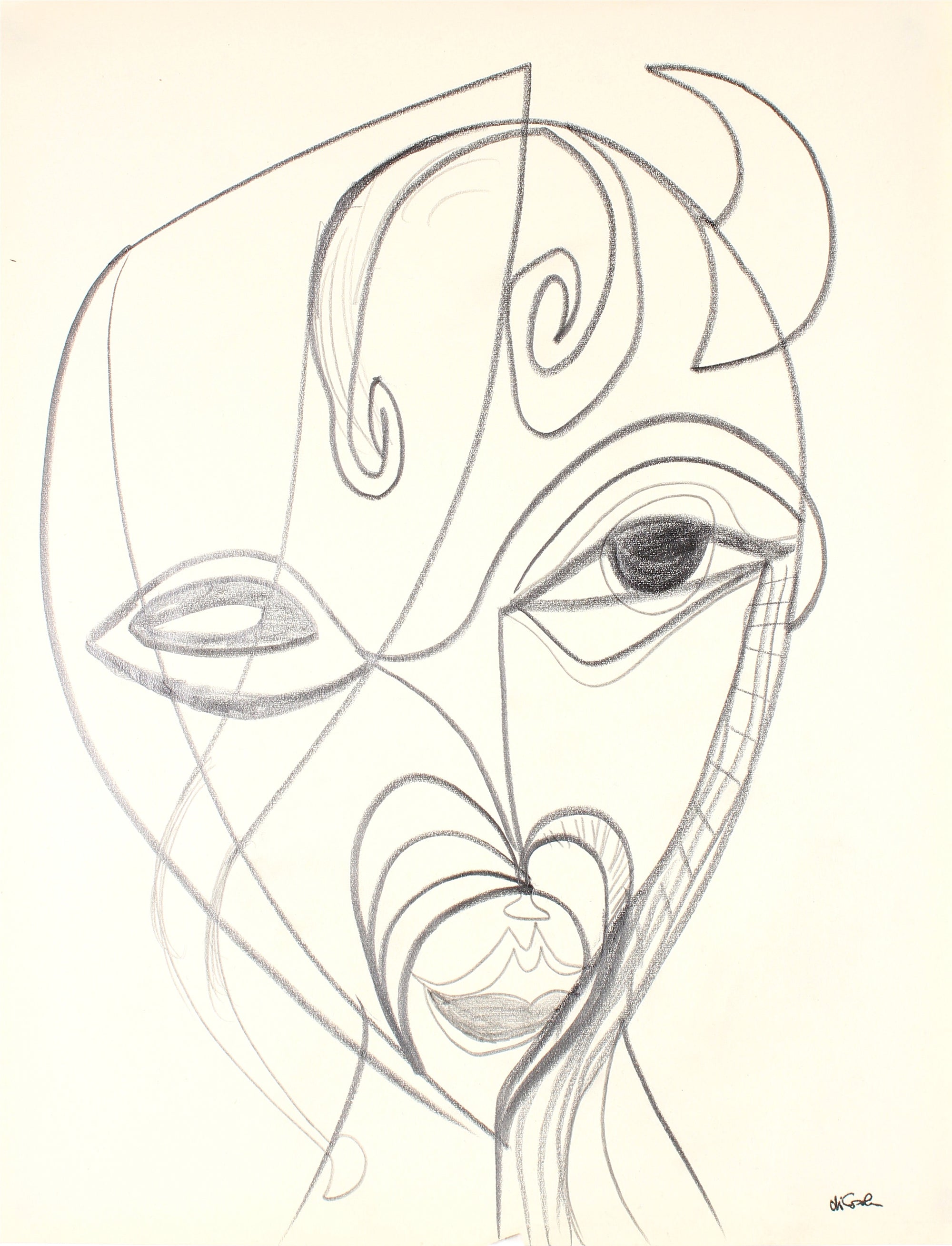 Surreal Abstracted Face<br>Late 20th Century Graphite<br><br>#83400