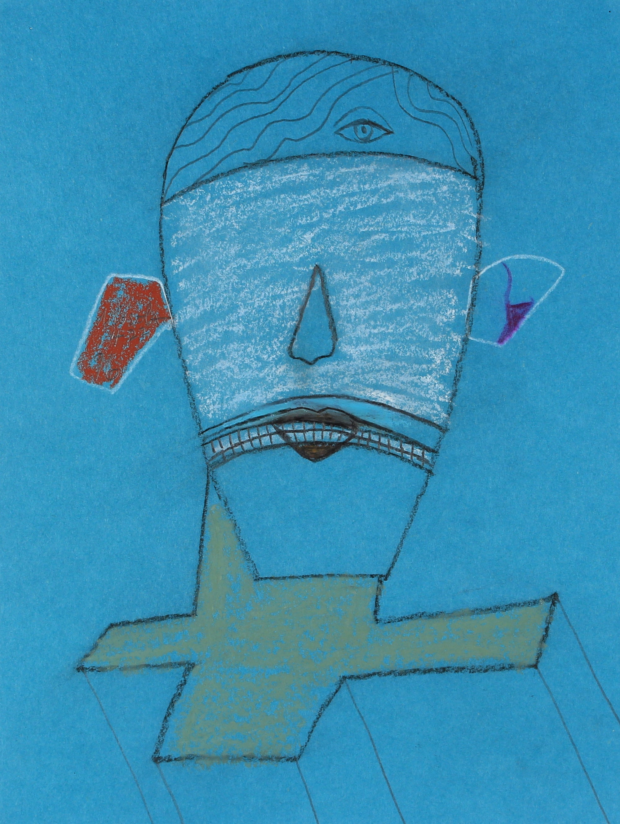 Blue Surrealist Abstract of Head<br>1996 Pastel and Graphite<br><br>#83918