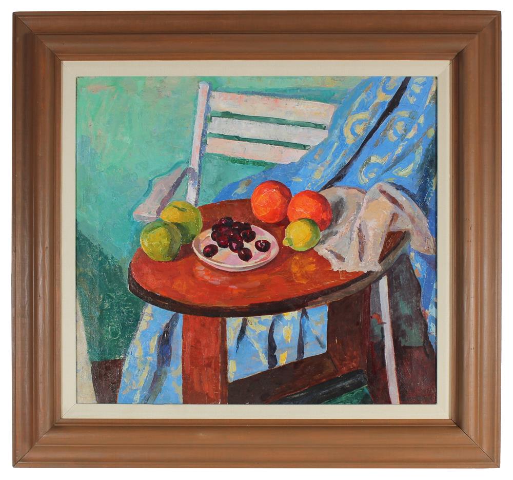 Colorful Modernist Fruit Still Life<br>Mid Century Oil<br><br>#86129