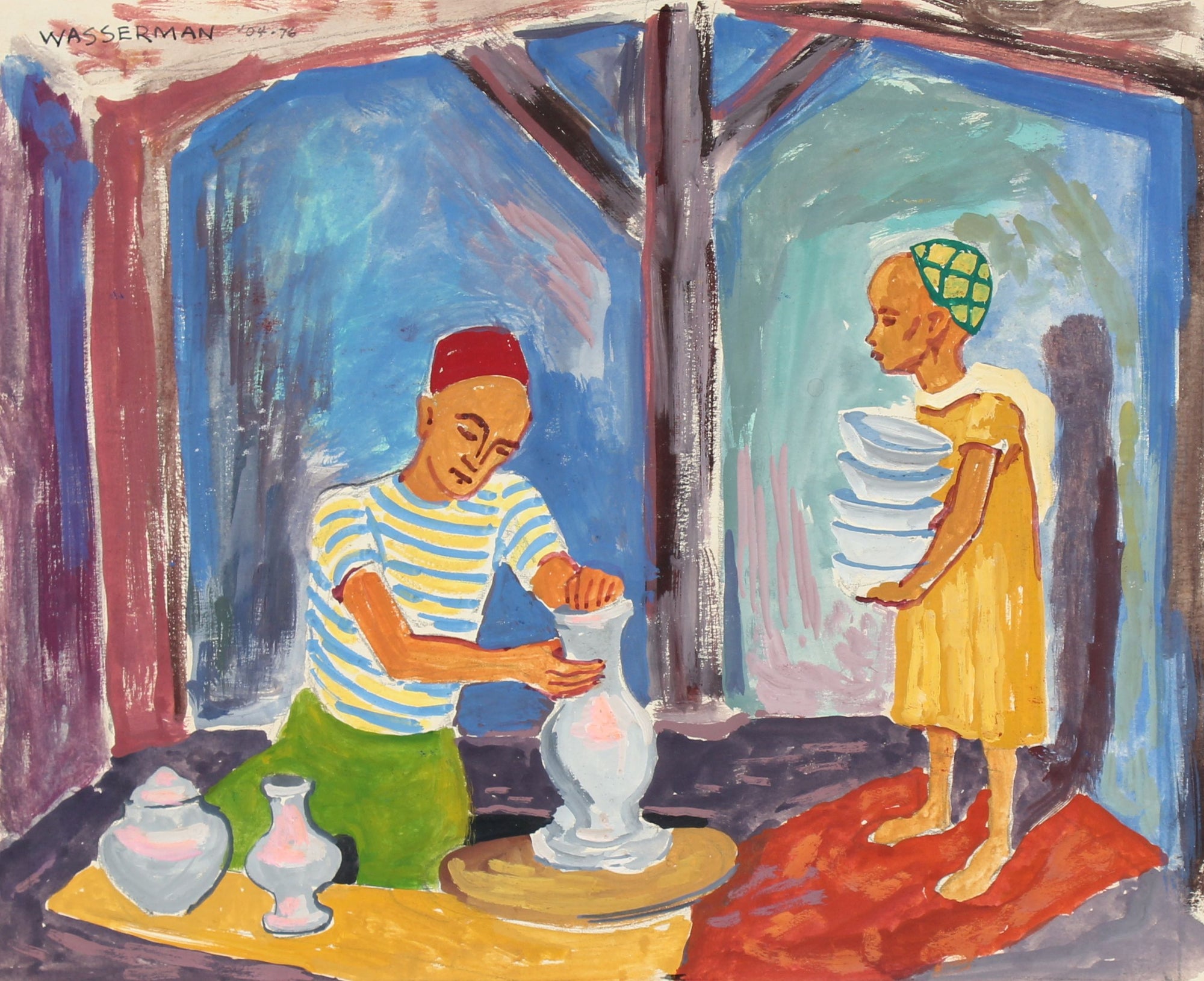 Interior Scene with People <br>April 1976 Gouache <br><br>#86524