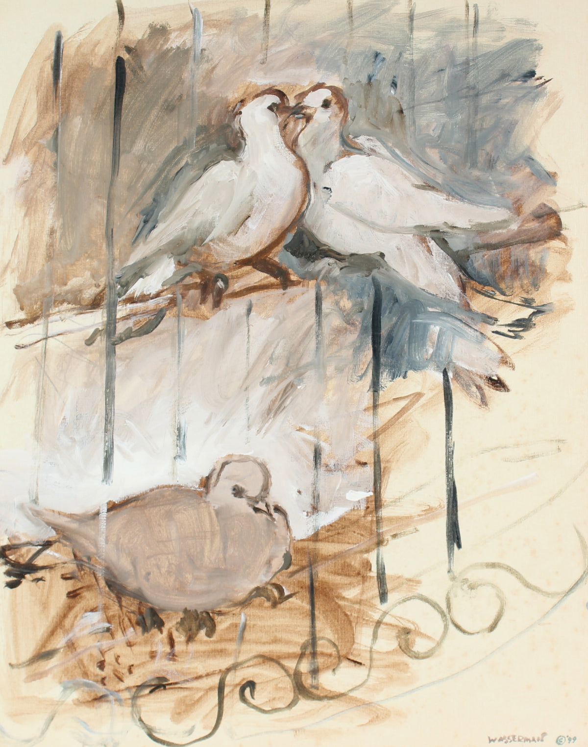Doves Kissing on Fence &lt;br&gt;1999 Oil Painting &lt;br&gt;&lt;br&gt;#86580
