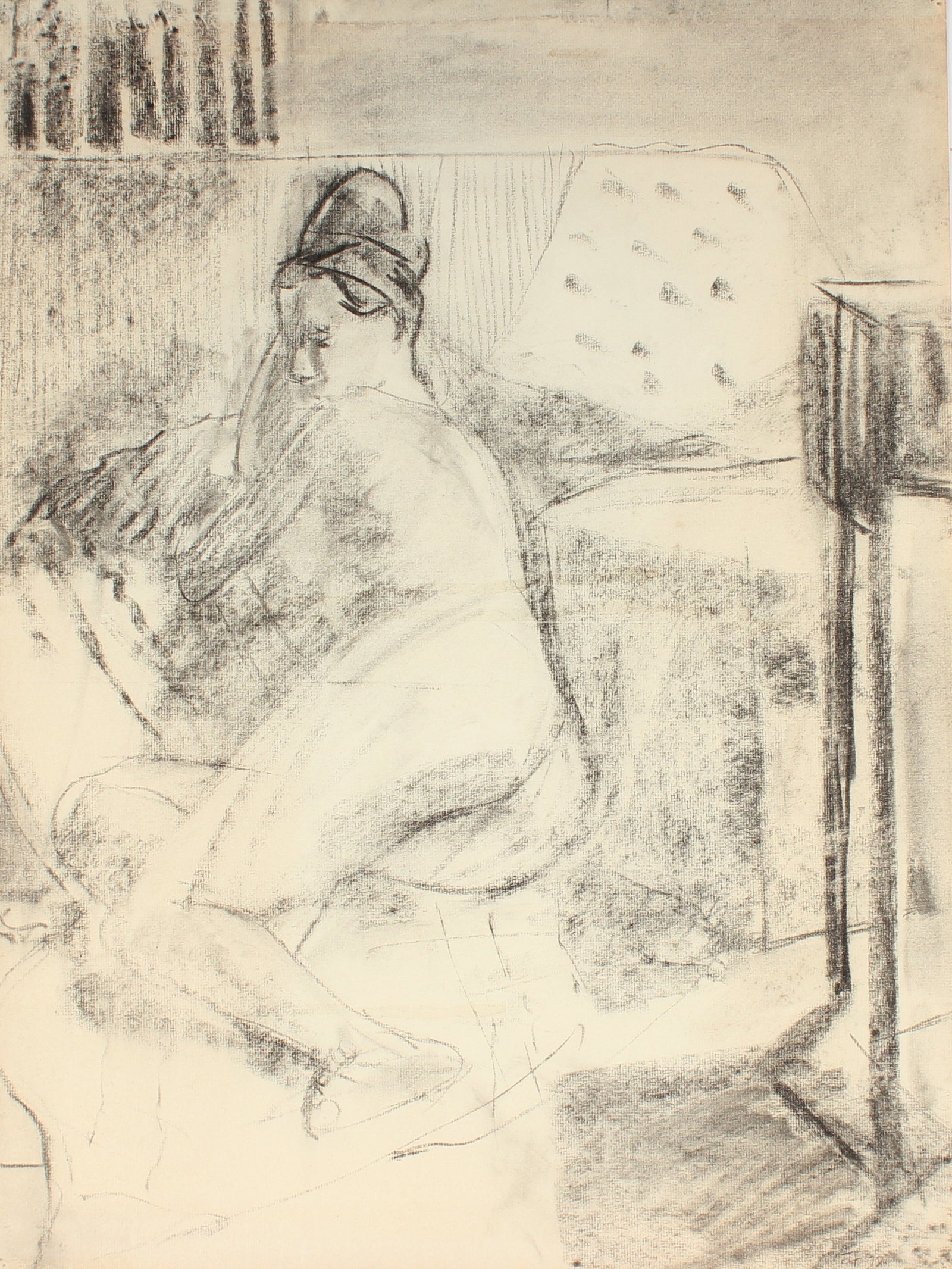 Seated Monochromatic Female Nude <br>1972 Charcoal <br><br>#86677