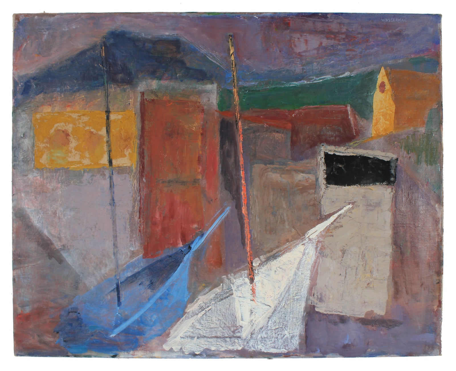 Modernist Boats at Harbor<br>Mid Century Oil & Fabric Collage<br><br>#86969