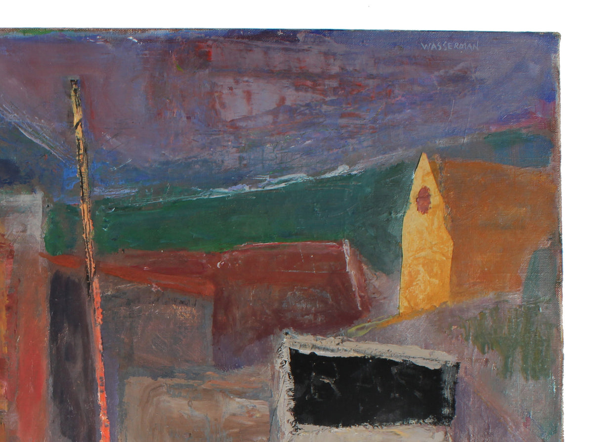 Modernist Boats at Harbor<br>Mid Century Oil & Fabric Collage<br><br>#86969