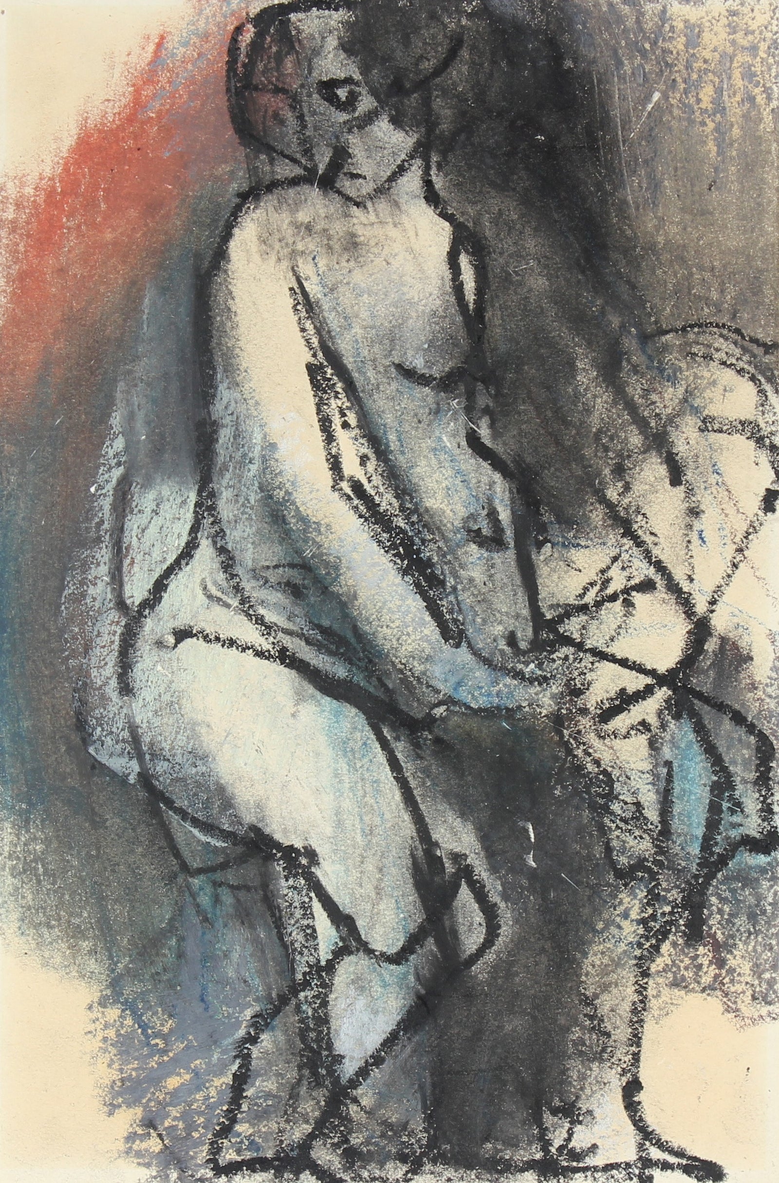 Pensive Monochromatic Nude<br>Mid Century Charcoal & Pastel<br><br>#87486