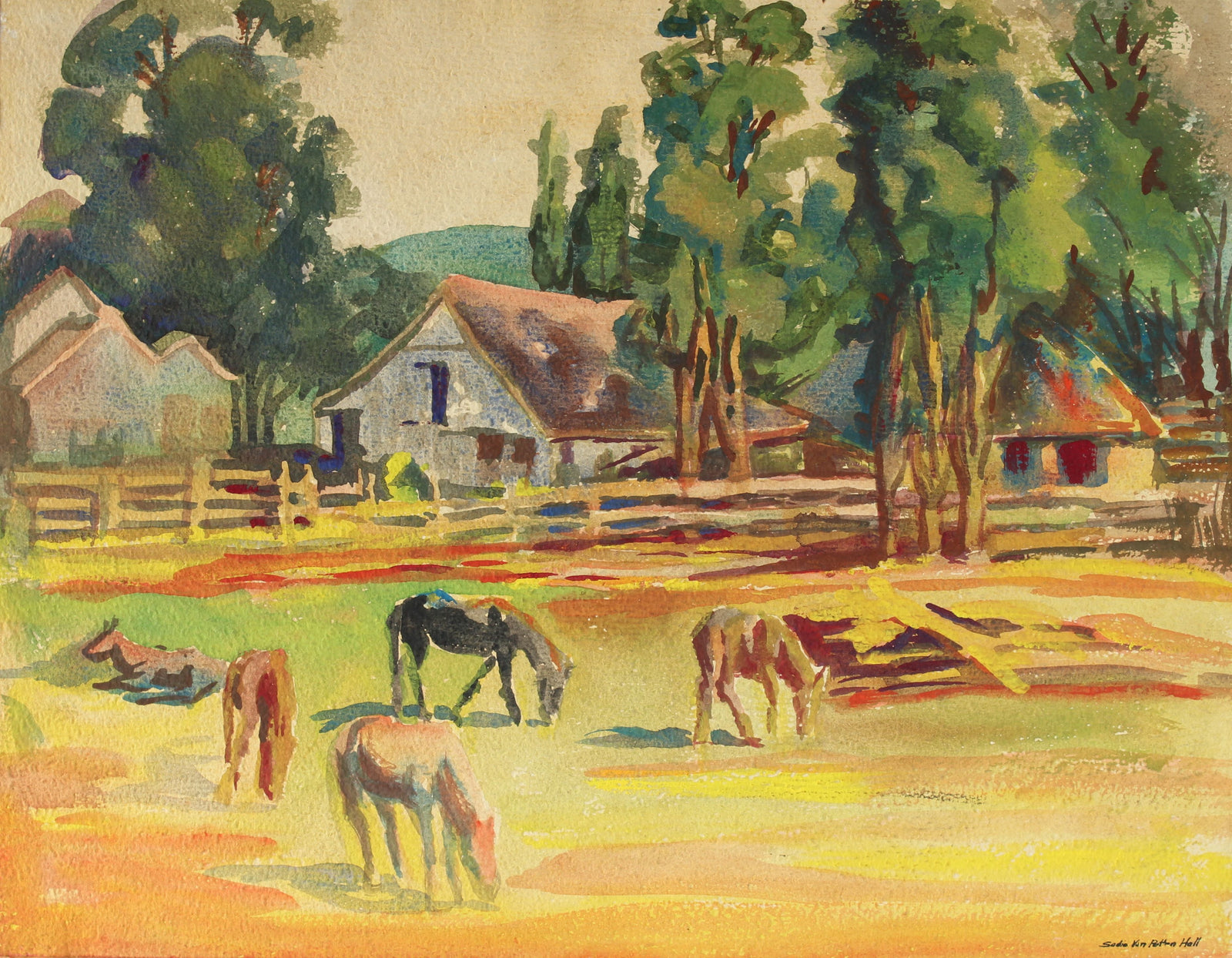 California Farm Scene with Horses<br>Mid Century Watercolor<br><br>#88028