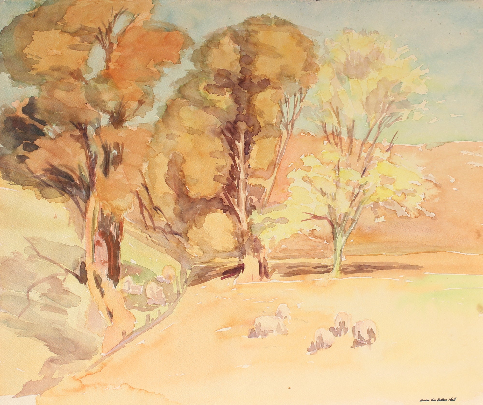 Watercolor Landscape with Sheep<br>Mid Century<br><br>#88037