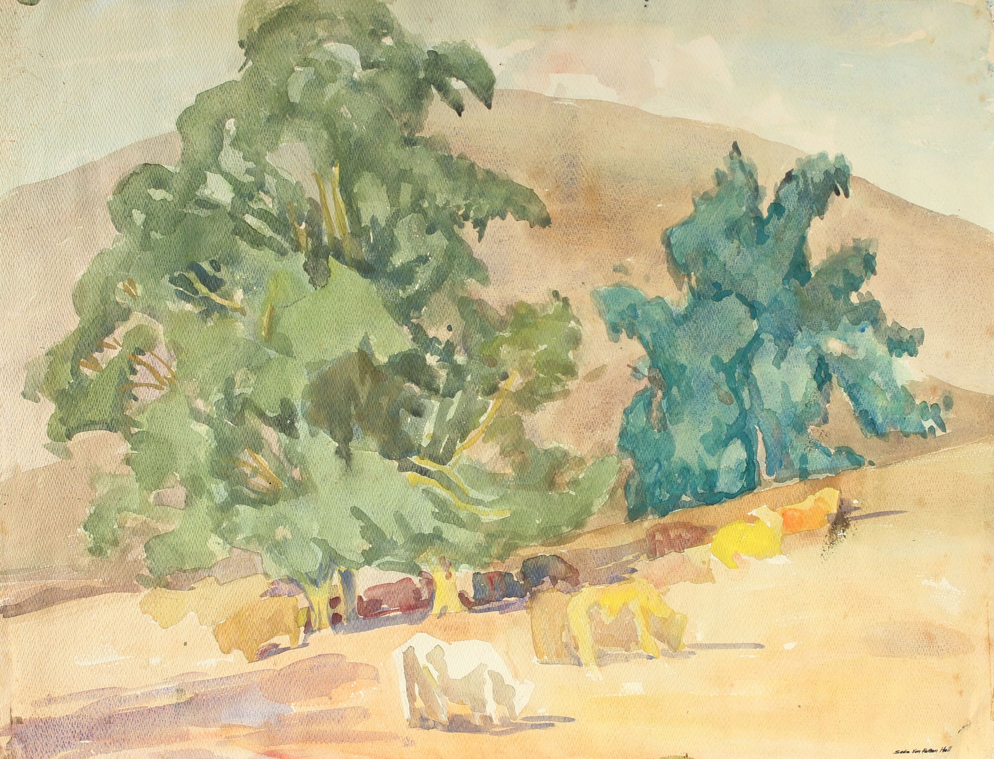 Watercolor Landscape with Cows<br>Mid Century<br><br>#88039