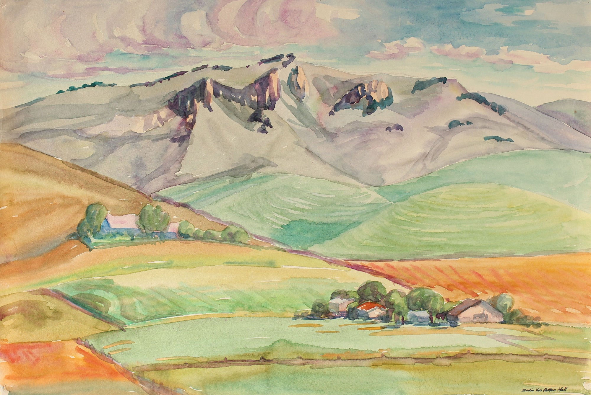 Bay Area Hills & Farmland<br>Mid Century Watercolor<br><br>#88052